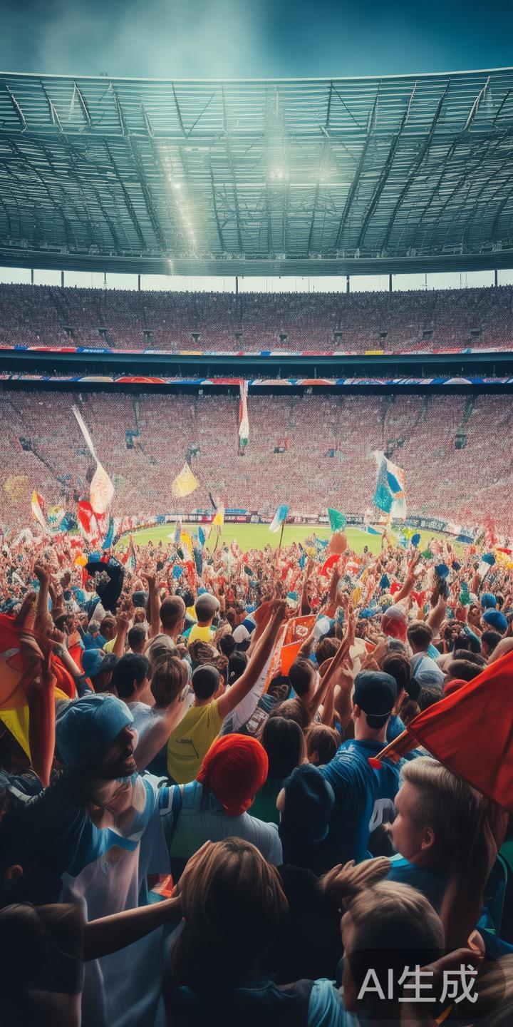 赛事进行中，现场气氛达到高潮。球迷们挥舞旗帜，齐声